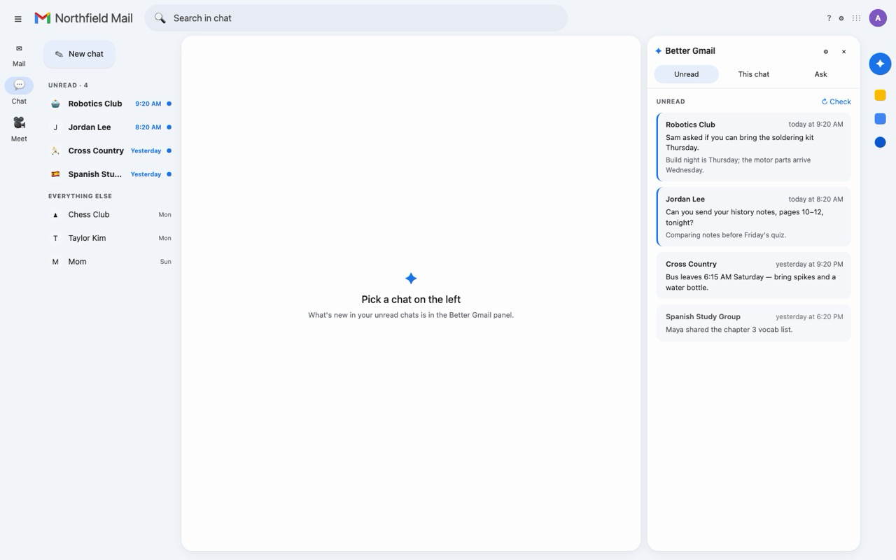 The Better Gmail panel showing unread chats, most important first